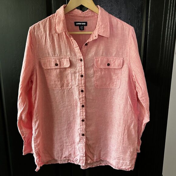 Lands' End Top Size Large 100% Linen Button Up Long Sleeve Pink Shirt Women's - Picture 1 of 7